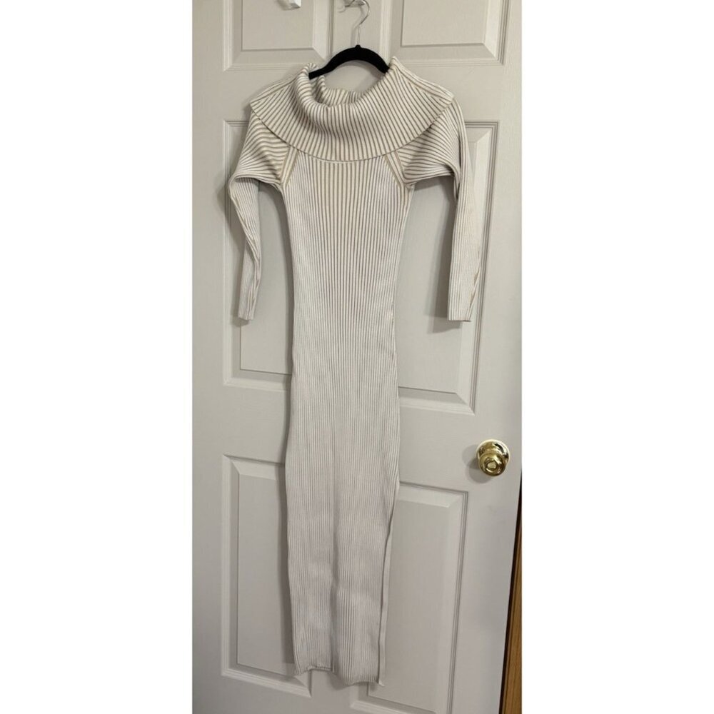 Off the Shoulder Anthropologie Dress Womens Medium Tan Cream Ribbed Body Hugging